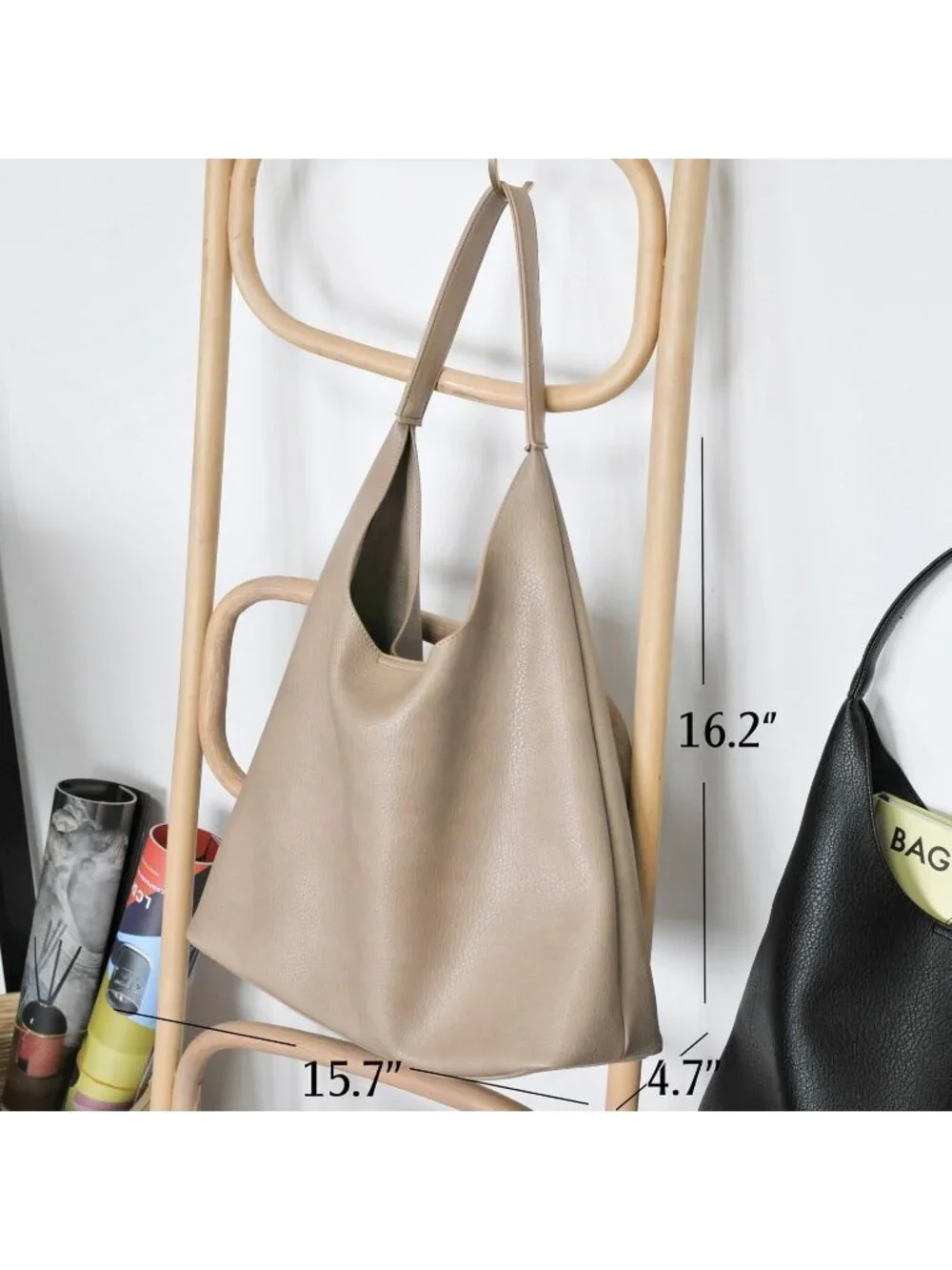 Women's Nude Soft Vegan Leather Hobo Shoulder Bag Slouchy Tote Purse